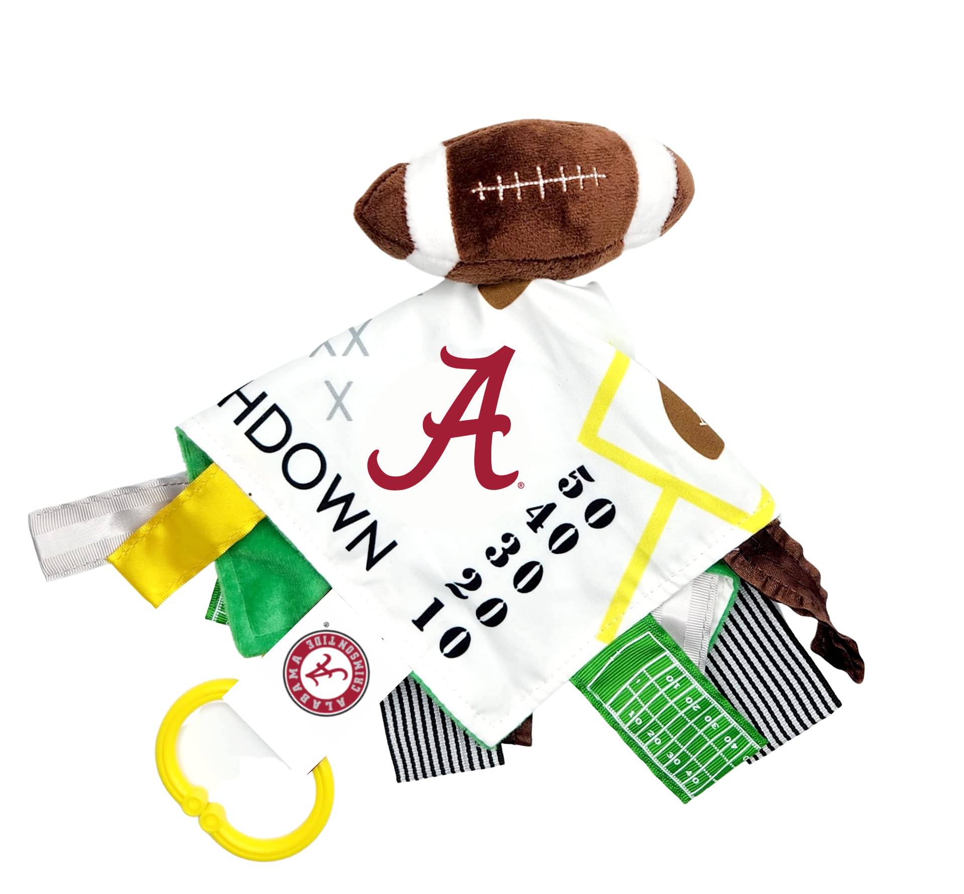 Alabama College Crinkle Learning Lovey Sensory Plush Blanket - Tag Toys for Babies - Baby Stroller Toys - Sports Team Pride MVP Registry Gift w/Stroller Clip (10x10 Football)
