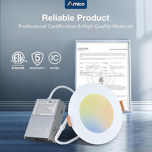Miniatura 7 de Amico 6 Pack 4 Inch 5CCT Ultra-Thin LED Recessed Ceiling Light with Junction Box, 2700K3000K3500K4000K5000K Selectable, 11W Eqv 70W 800LM Brightness