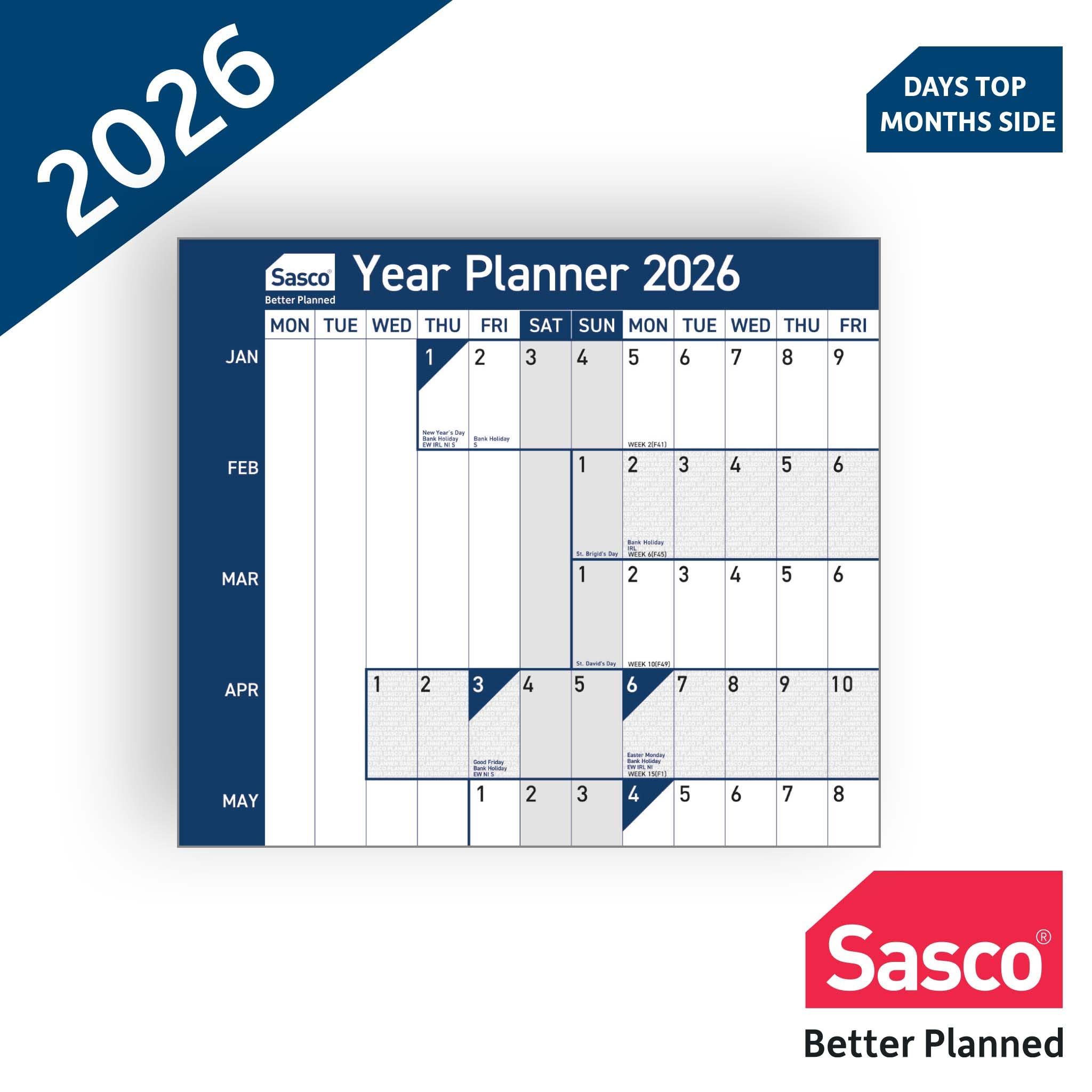 Sasco Planificador de pared original del año 2026 con bolígrafo de borrado húmedo y paquete de calcomanías, azul, estilo póster, 915 mm de ancho x 610 mm de alto