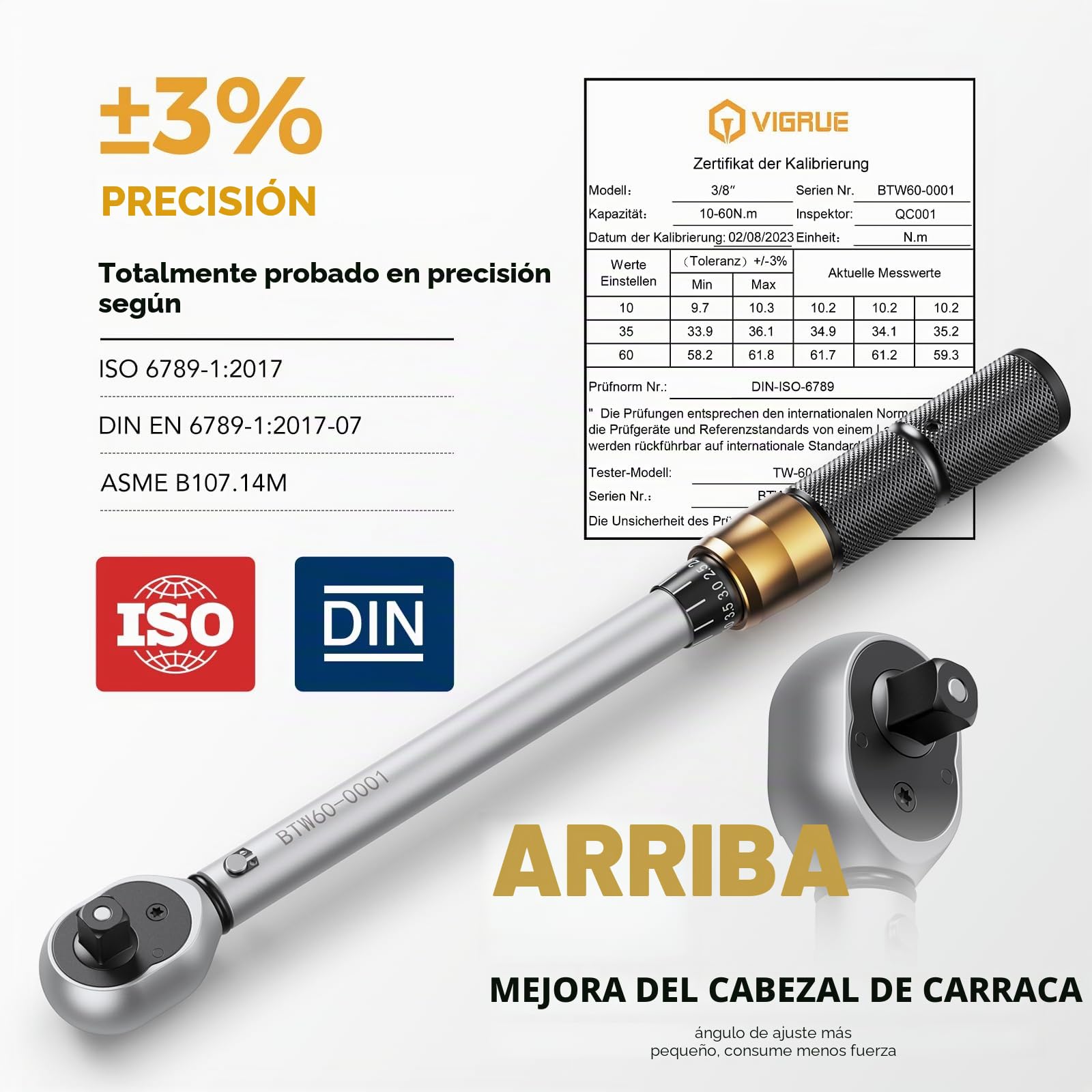 VIGRUE Llave dinamométrica para bicicleta de 3/8 pulgadas, llave dinamométrica 10-60 Nm ± 3% de precisión de error con barra de extensión, articulación universal, casquillo de bujía, puntas para