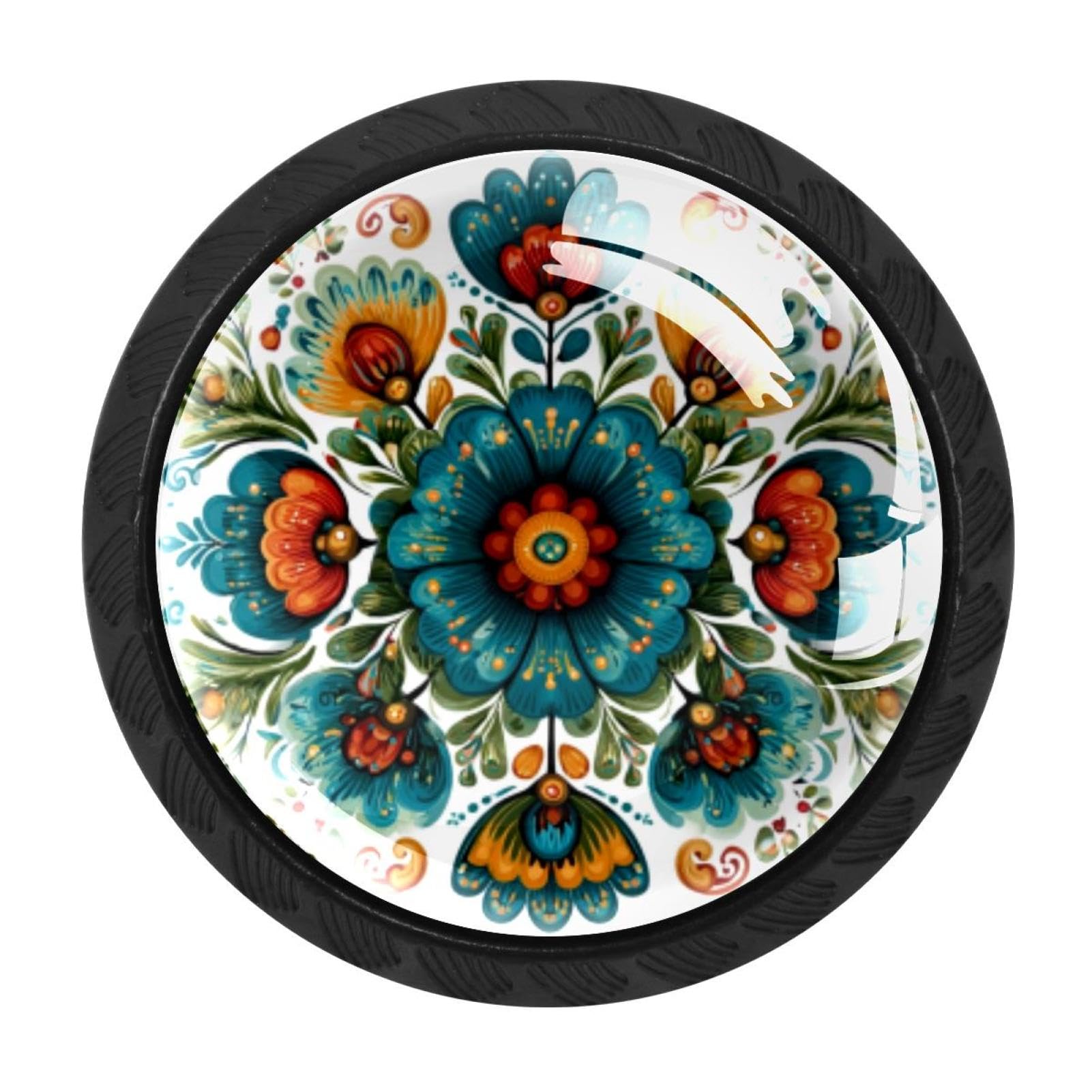 CHENZZZZ 4 Pack Norwegian Rosemaling Folk Style Flower (23) Drawer Knob Cabinet Hardware
