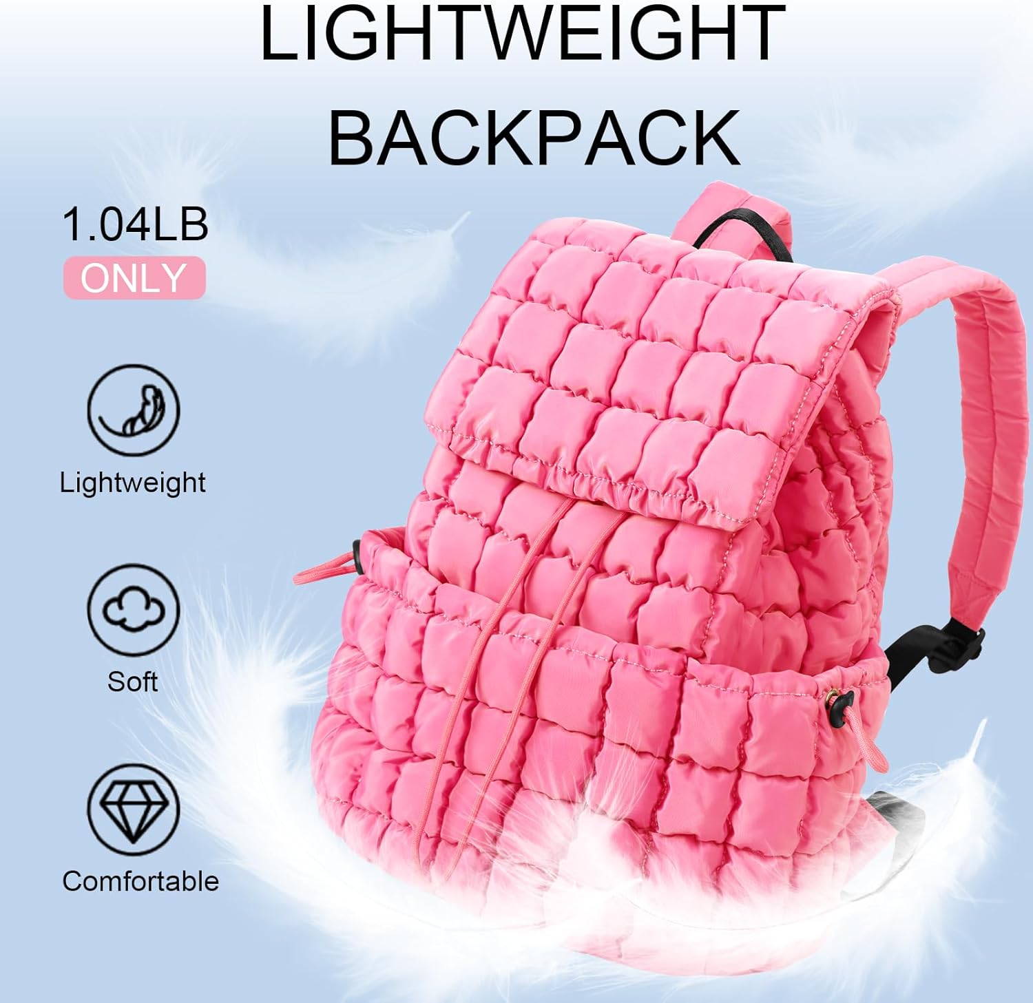 XSUIOY Quilted Backpack Purse for Women Small Lightweight Puffer Puffy College Laptop Backpack Nylon Casual Bookbag Daypack Top Flap Drawstring Padding Hiker Travel Gym Backpack(Pink) - Image 6