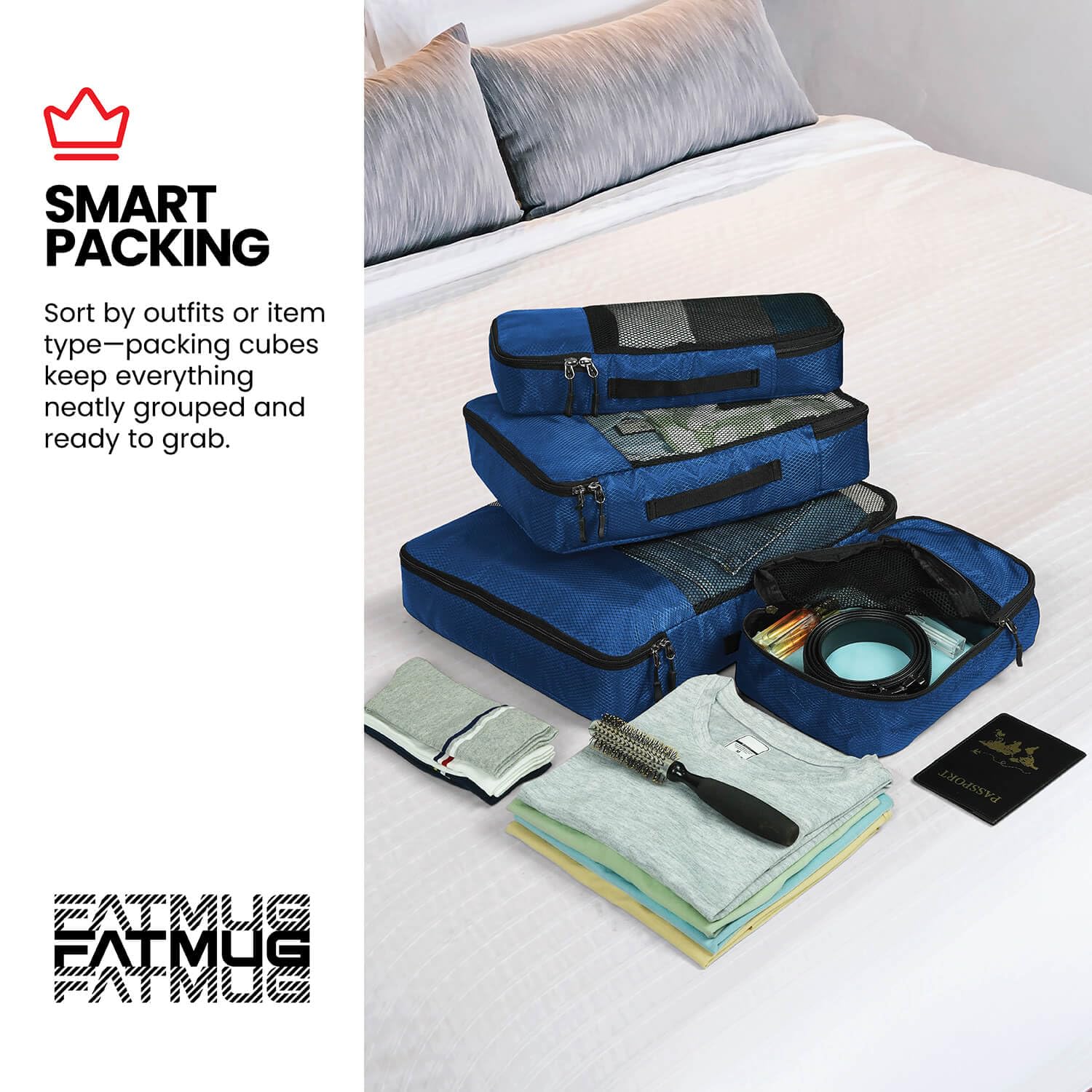FATMUG Bolsas de viaje organizadoras – Juego de 4 (grande, mediano, pequeño y delgado), Azul Marino, Large-Medium-Small-Slim, Accesorios de viaje
