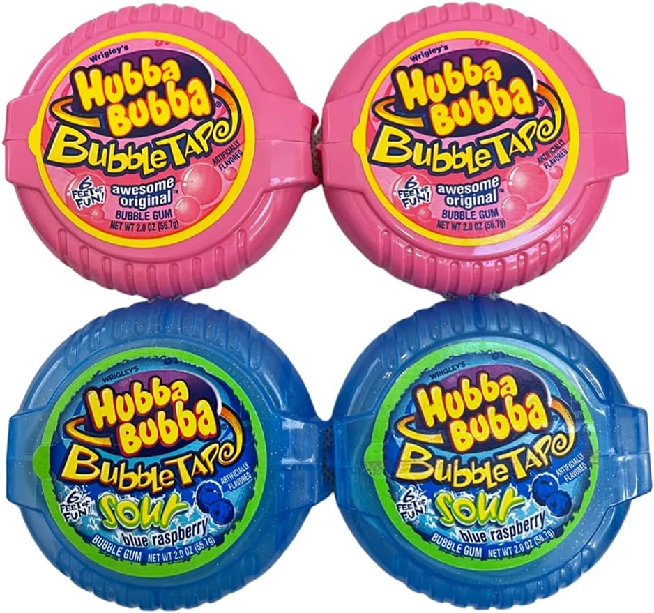 Original Bubble Tape and Sour Blue Raspberry Bundle | 6 Feet of Gum Each 2 Flavor Pack 4 Total Ounce (Pack 4)