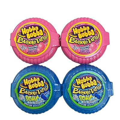 Hubba Bubba Original Bubble Tape and Sour Blue Raspberry Bundle | 6 Feet of Gum Each 2 Flavor Pack 4 Total Ounce Pack 4