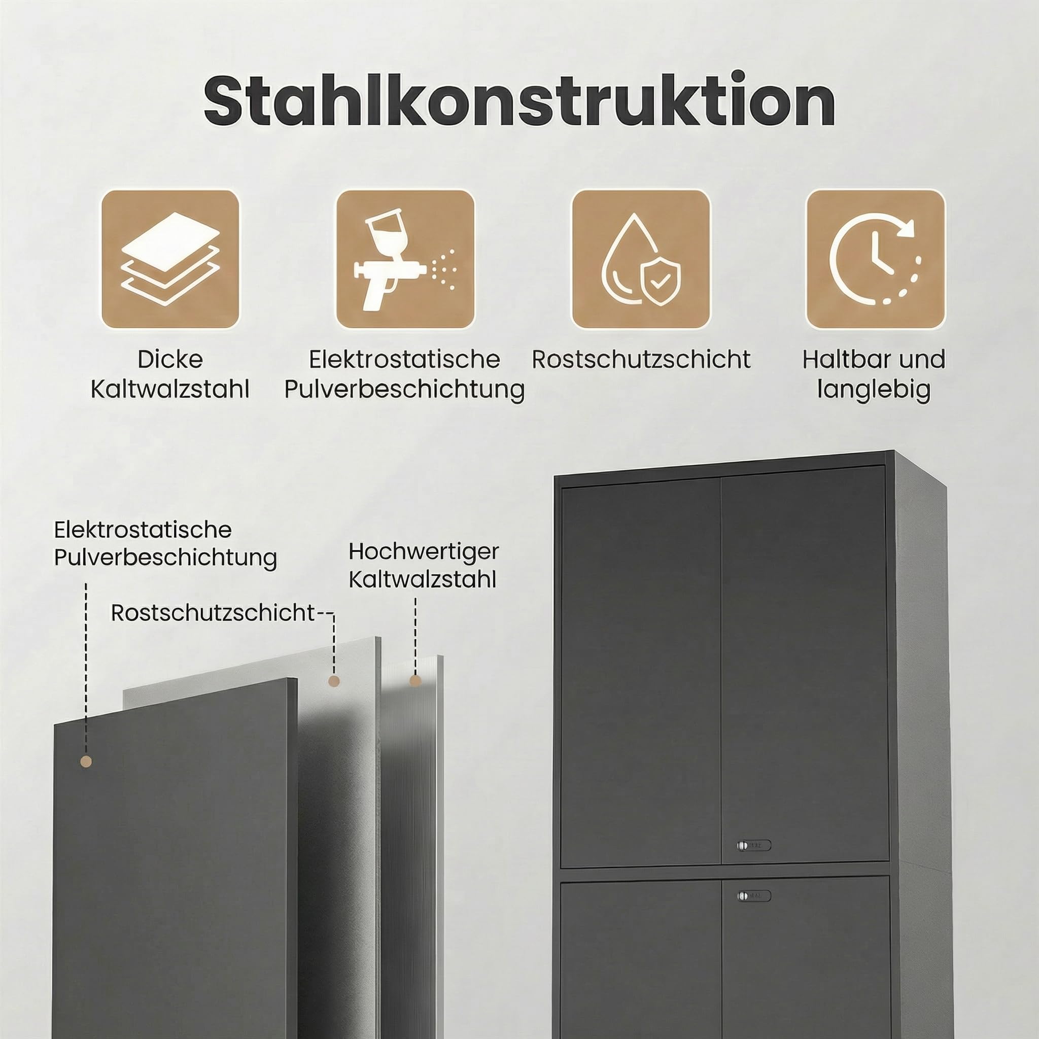 Mehrzweckschrank, Metallschrank, Werkzeugschrank mit 4 Türen Verstellbare Regale, Aktenschrank Abschließbar für Büro Garage 180X80X40cm Schwarz