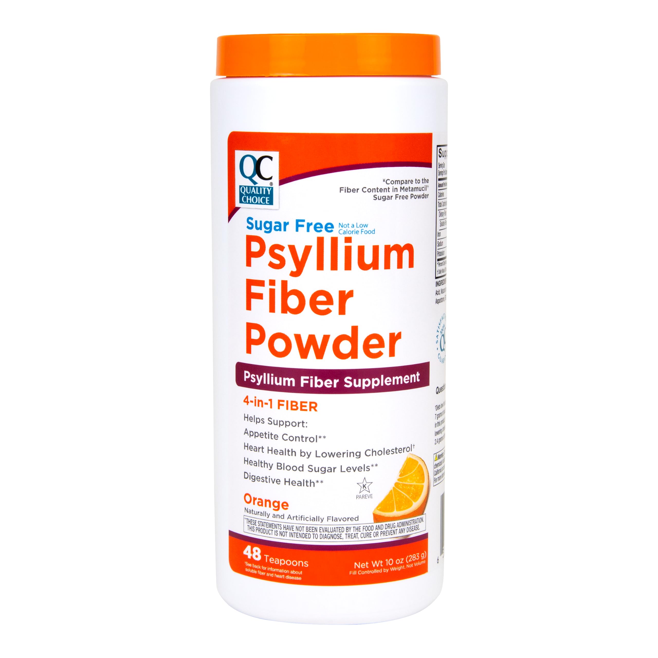 Quality Choice Sugar Free Fiber Powder Naturally Derived Vegetable Formula 48 Doses Orange Flavor