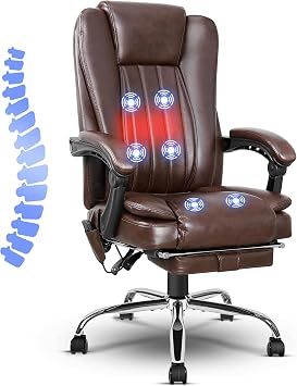 NOBLEMOOD 6-Point Massage Office Chair, Big and Tall Executive Office Desk Chair with Heating Function, PU Leather Ergonomic Office Chair with Footrest, Adjustable Height & Reclining Backrest
