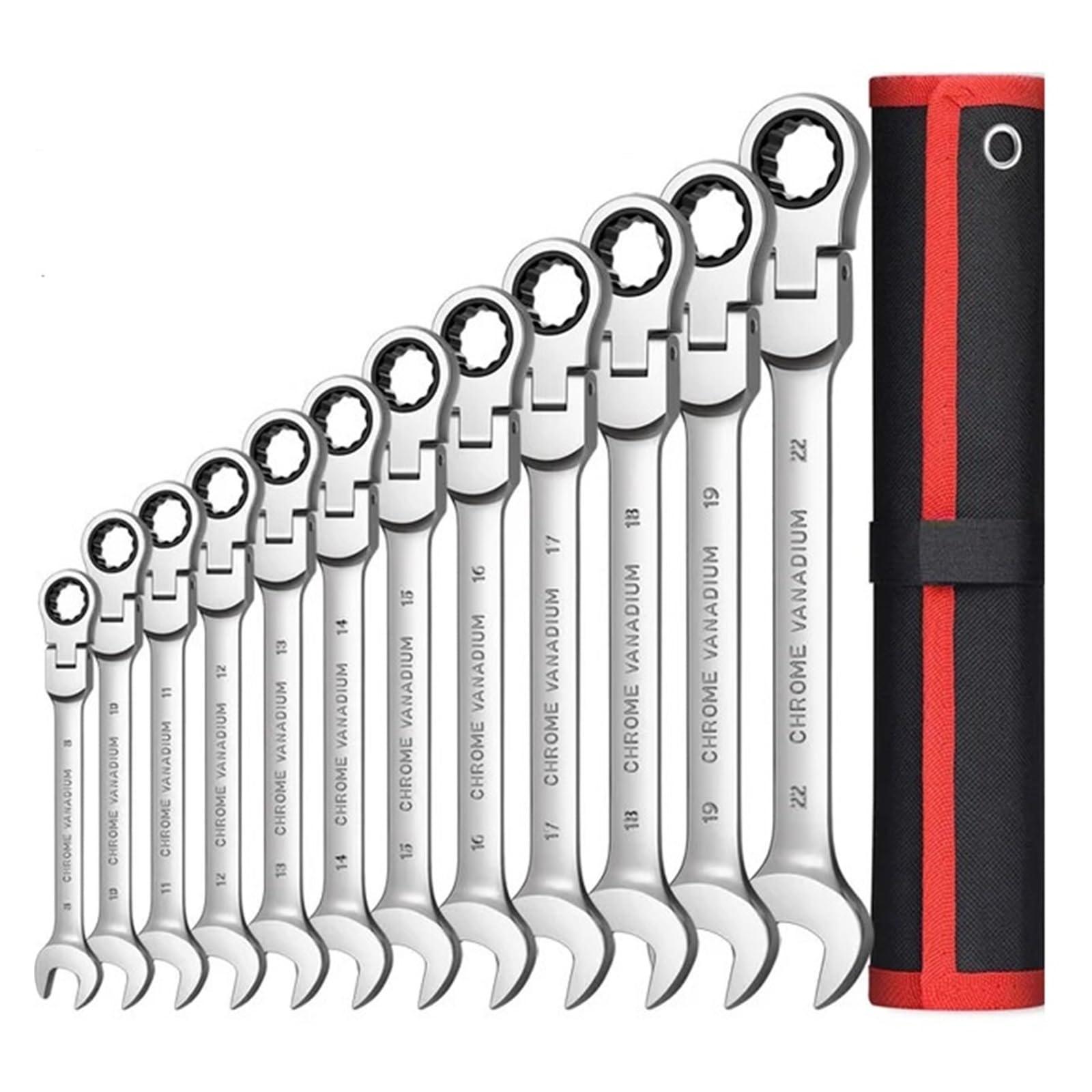 Zestaw 12 Kluczy Grzechotkowych Flex-Head, Metryczne Klucze Płasko-oczkowe Z Grzechotką, CR-V Gear Spanner Torbą Organizacyjną Precyzja W Ciasnych Przestrzeniach(12pcs(8-22mm))