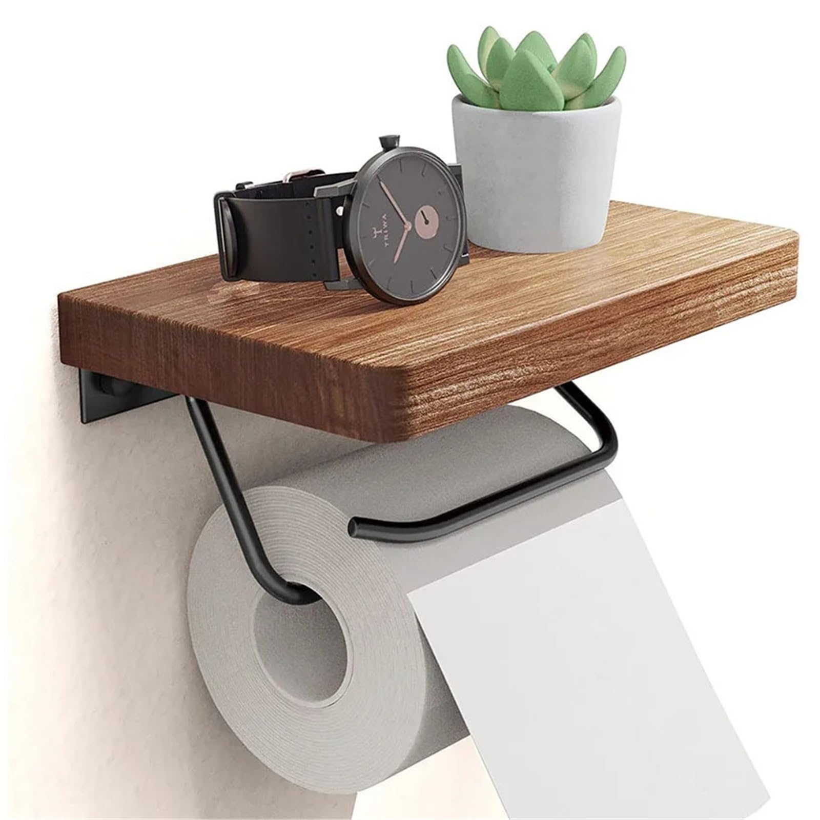 Portarotolo WC adesivo con mensola Porta carta igienica con ripiano | Senza trapano in legno di noce, appendiabiti a parete for rotoli di carta velina(Black)