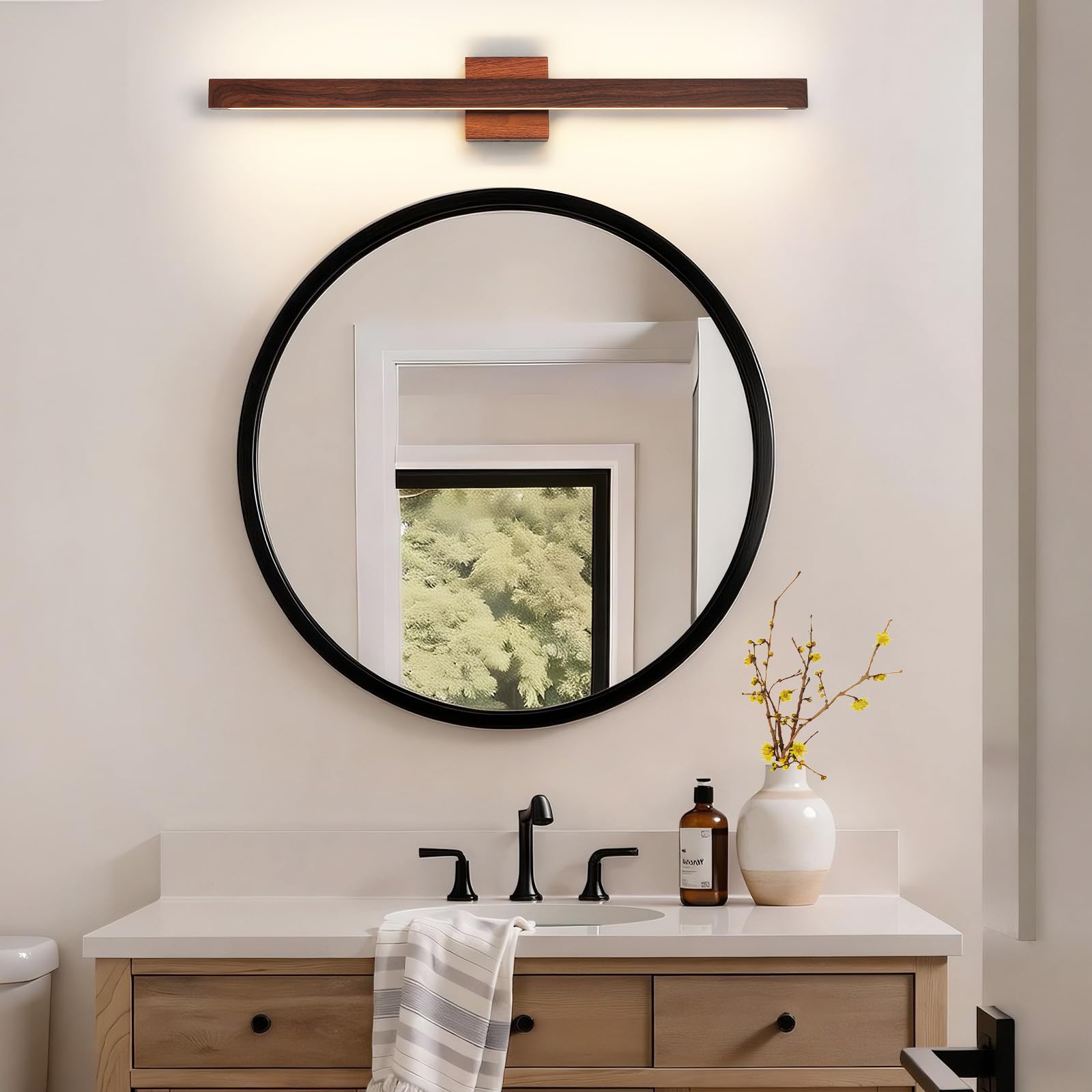 Moderna lampada da bagno sopra lo specchio, 81 cm, finitura in legno marrone, barra luminosa da 26 W, dimmerabile, 5 CCT, luci LED per illuminazione da parete del bagno sopra lo specchio