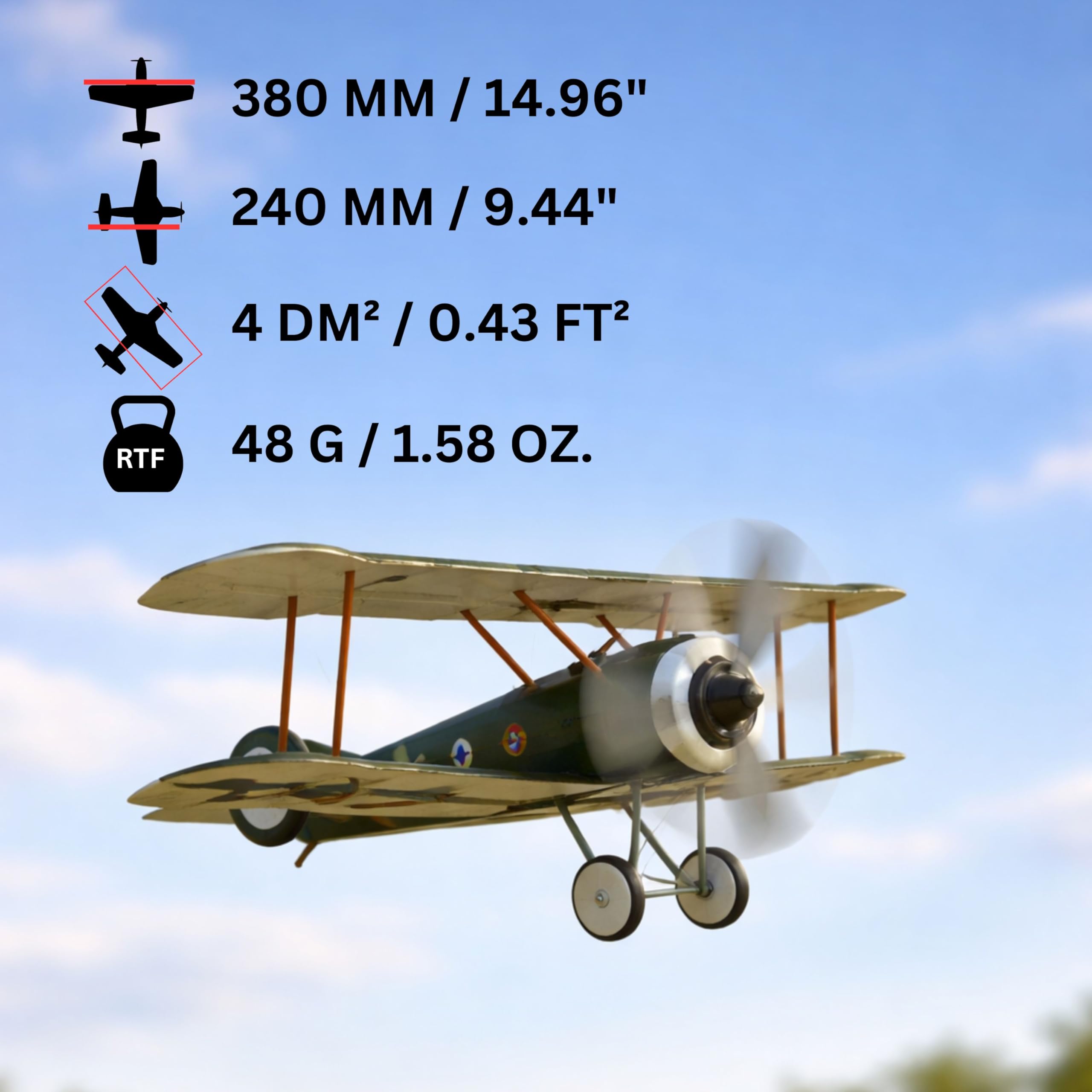 Sopwith Camel Slow Flyer Modellflugzeug Kit, Maßstab 1:20, 380 mm Spannweite, RC Flugzeugmodell Baukasten, Holzflugzeug zum selbst Bauen, gelaserte Balsa Holz Bauteile, 380 x 240 x 128 mm, 45 g RTF