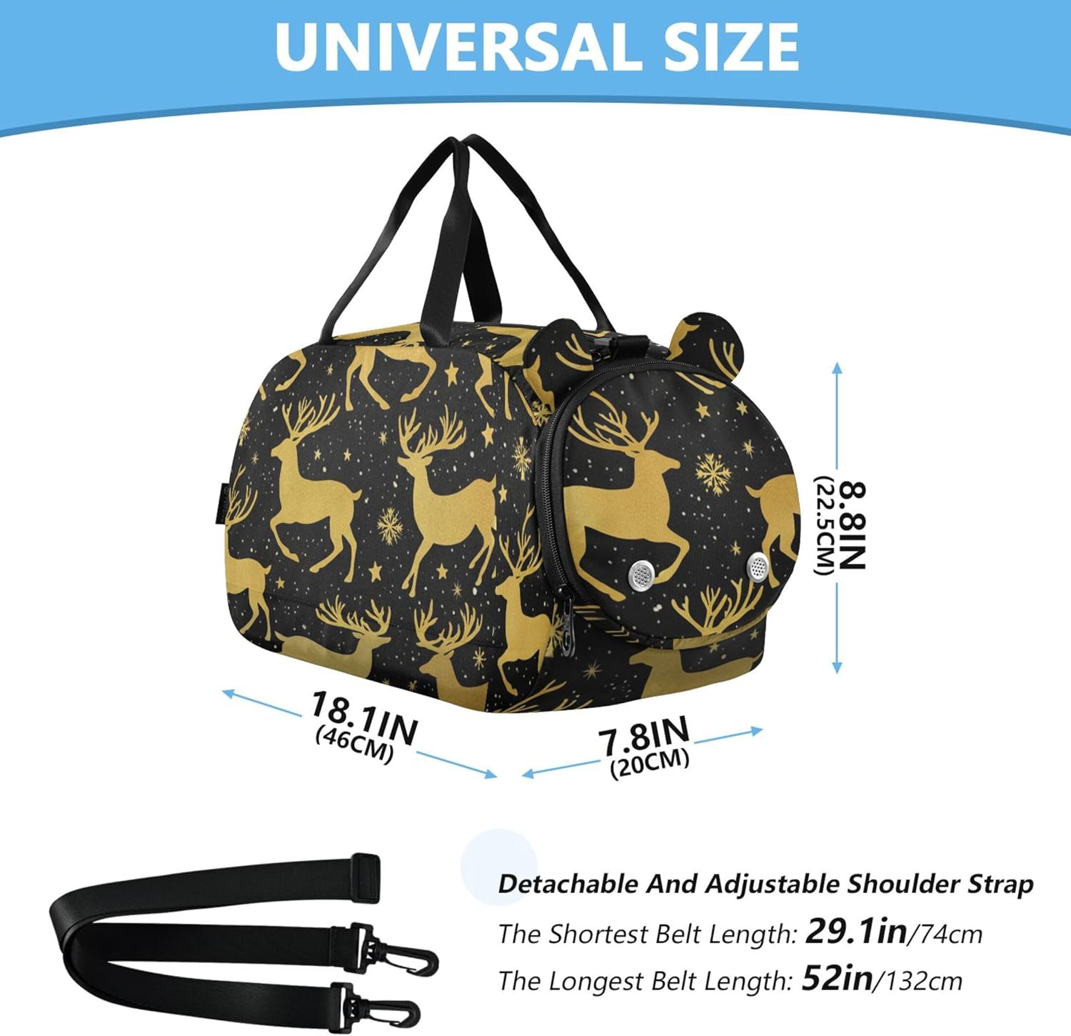 Boys Carry on Duffel Bag Golden Reindeer Black Weekender Overnight Girls Duffle Bags Travel Tote Kids Gym Duffle