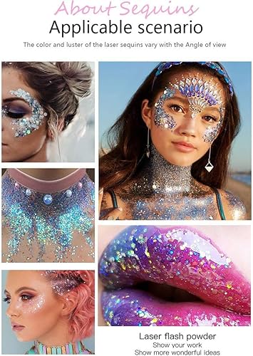 Miniatura 6 de Brillantina facial de 3 colores, traje de neón brillante para cabello, cara y cuerpo con purpurina en gel resaltador (01-azul y 04-rosa y 06-blanco