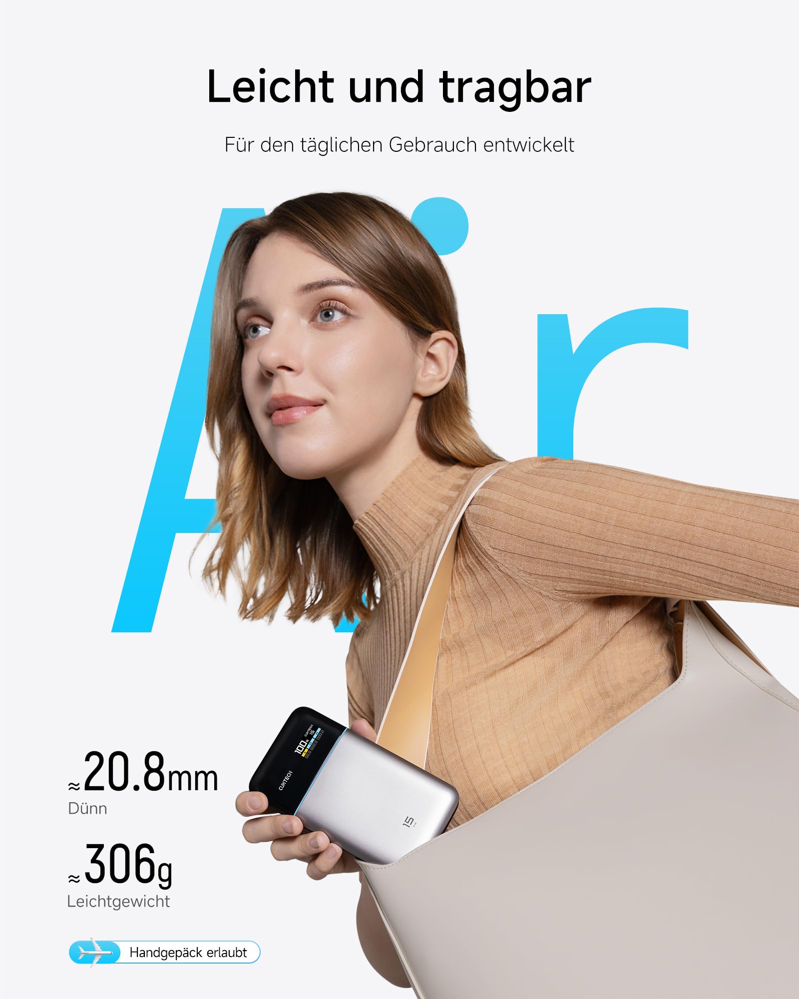 CUKTECH 15 Air 15000mAh Power Bank, Gesamt 100W Powerbank mit digitalem Display und Schnellladefunktion, USB-C Akkupack für iPhone 16/15/14/13, Samsung Galaxy, Dell, iPad, AirPods u.v.m.