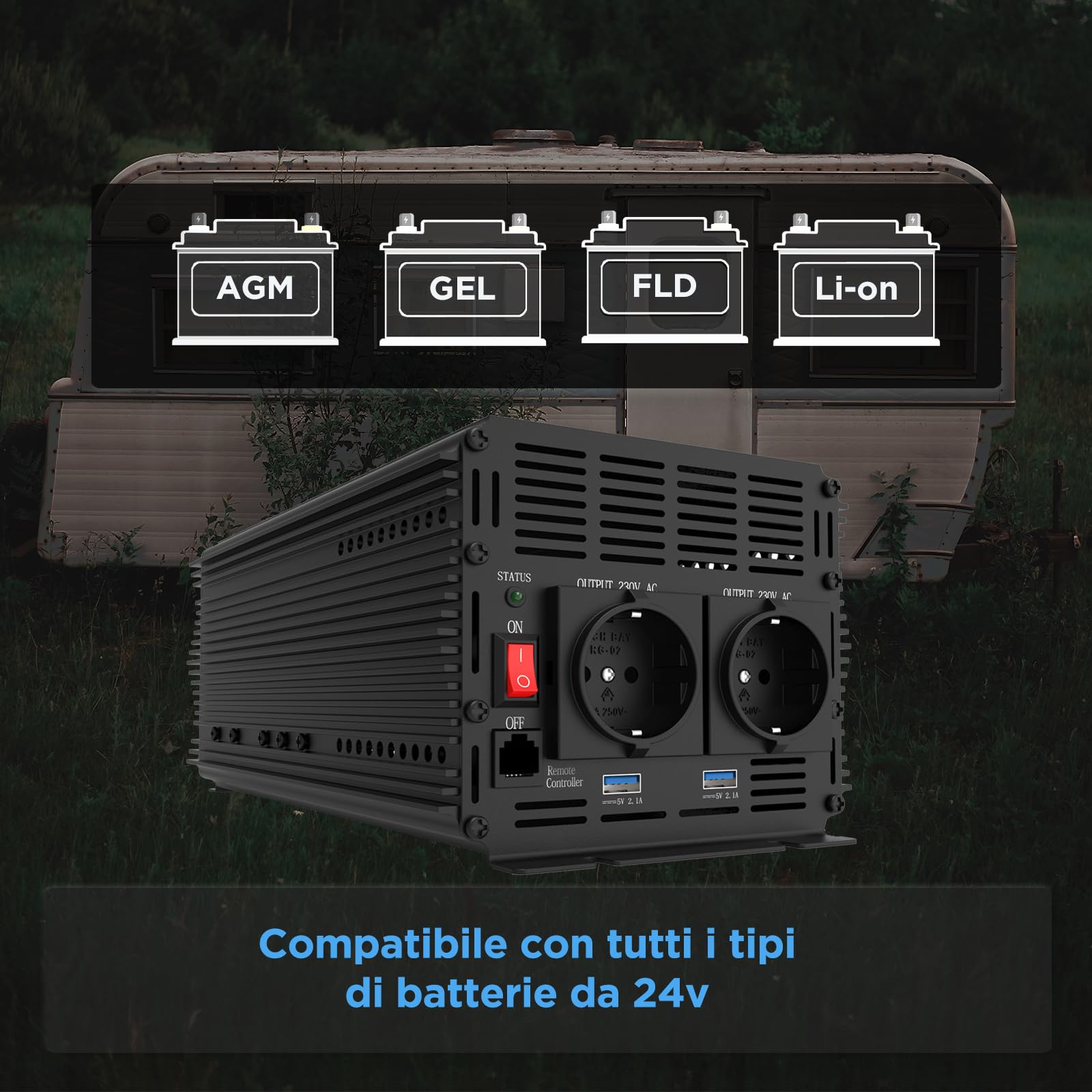 EDECOA inverter 24v 220v 2000w trasformatore di potenza Convertitore telecomando usb onda modificata per camion isolamento galvanico (2a generazione)