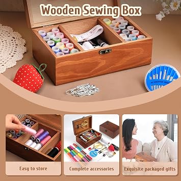 Wooden Sewing Box with Sewing Kit Accessories Organize Box with Needle Thimble Pin Cushion Button for Travel, Camping, Home DIY