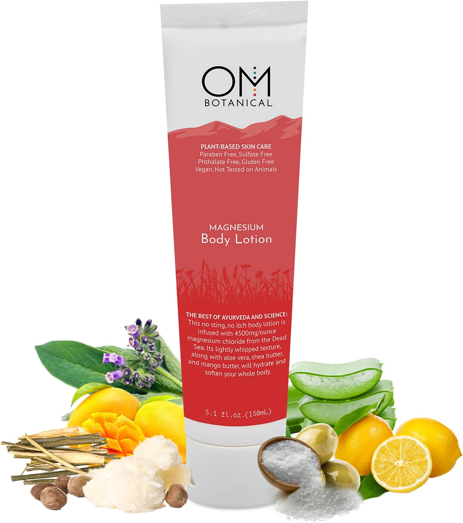OM Botanical Magnesium Body Lotion | No Sting, No Itch | Ultra-Hydrating Organic Body Butter & Magnesium Cream for Hands, Feet & Body | Fast-Absorbing, All-Natural Relief in a 150ml Eco-Friendly Tube
