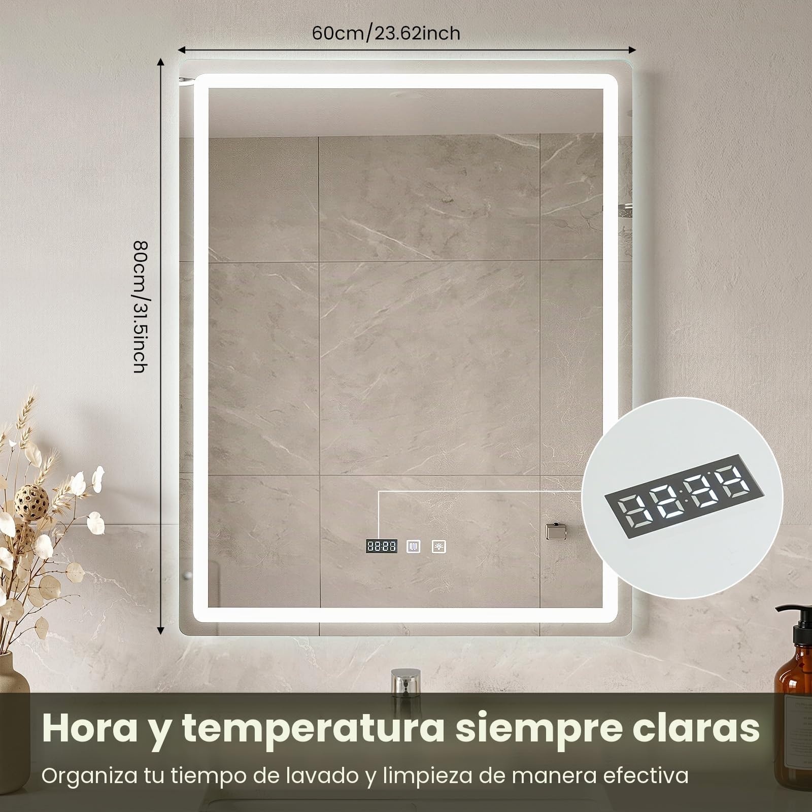 Espejo de baño con iluminación 60 x 80 cm, espejo LED con 3 colores de luz regulable, antivaho, espejo de pared LED horizontal/vertical para baños, lavabos (60 x 80 cm)