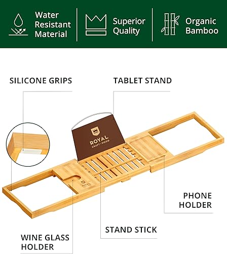 Miniatura 30 de Royal Craft - Bandeja de bambú para bañera con soporte para libro y vino Bambú Negro,Negro (plegable),Bambú carbonizado (marrón),Gris