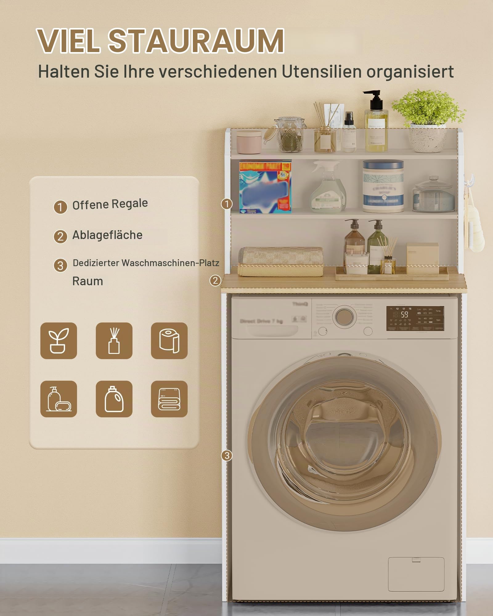 Hzuaneri Waschmaschinenschrank, Überbauschrank für Waschmaschine | Waschmaschinenregal mit offenen Ablagefächern, Waschmaschinen Schrank, 50 x 68 x 128 cm, Weiß und Natur LR00103X