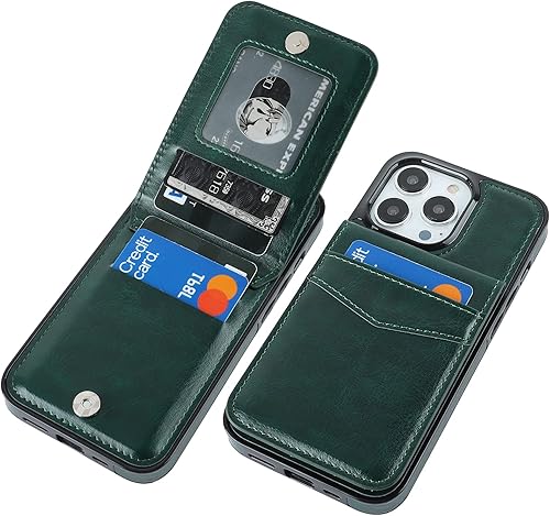 KIHUWEY Funda compatible con iPhone 13 Pro con soporte para tarjeta de crédito, cierre magnético de cuero de alta calidad, resistente funda