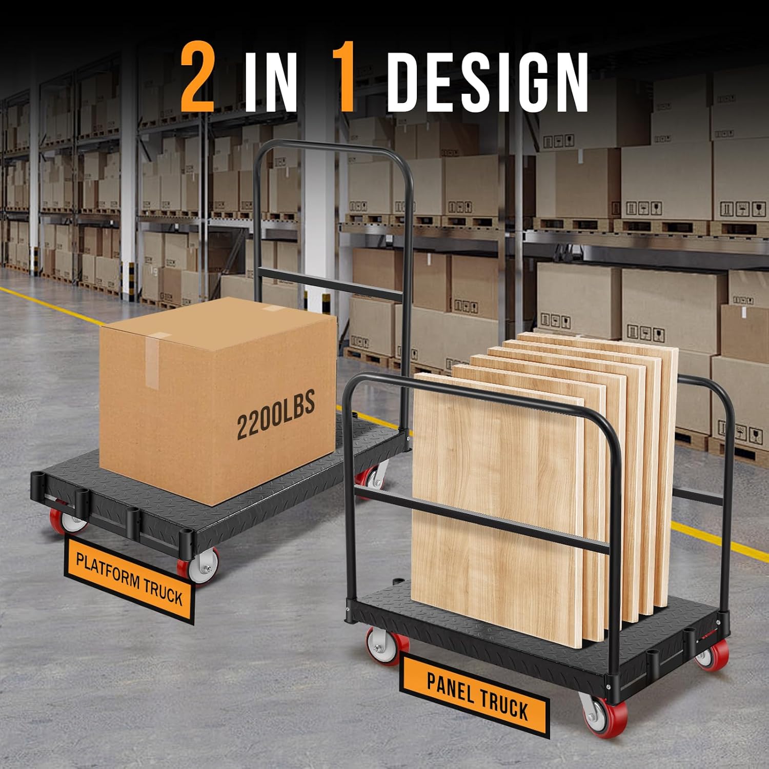 24″ x 37″ Heavy Duty Drywall Cart, 2 in 1 Dolly Cart with Wheels, 2200 LBS Capacity Platform Truck Flatbed Cart with 2 Straps for Moving Luggage, Cargo, Wood