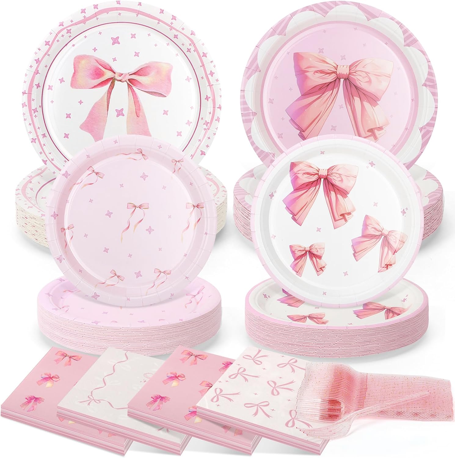 200 Pcs Pink Bow Paper Plates and Napkins,Conquette Birthday Supplies - Plates,Napkins and Forks Tableware for Girls Bachelorette-Serve 50