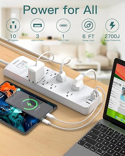 Miniatura 2 de Addtam - Protector de sobretensiones con 10 salidas y 4 puertos USB, cable de extensión de 6 pies con enchufe plano, 2700 julios, certificación ETL,