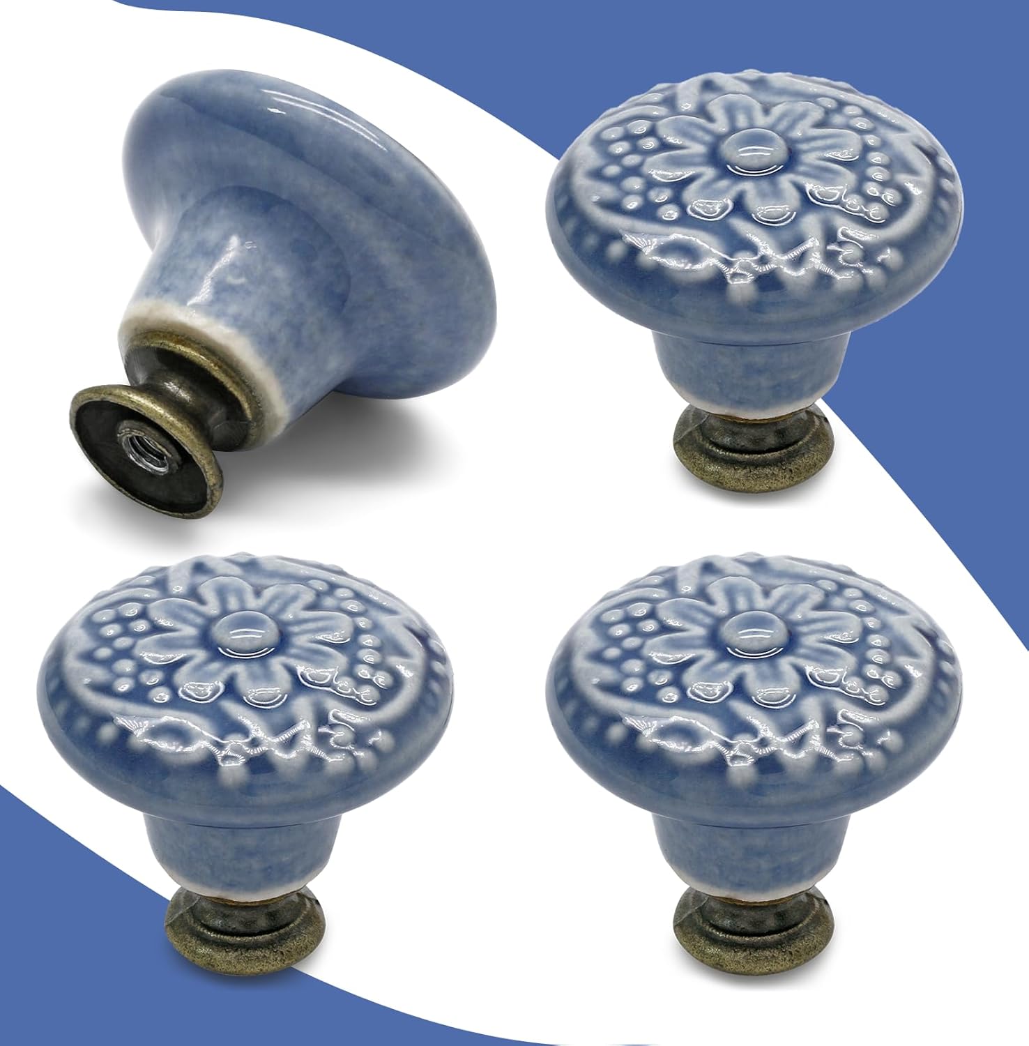 12 Pcs Ceramic Cabinet Handle Pull Knobs, Vintage Round Single Hole Knobs for Drawer Cupboard Decorative, with Screws, Blue