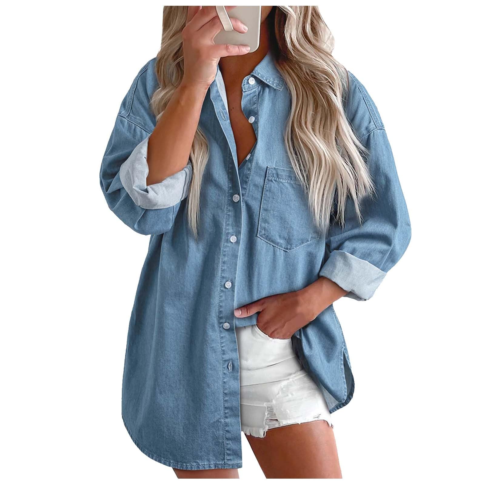 Chemise en jean pour femme - Chemise western - Tunique - Manches longues - Boutonnée - Hauts pour femme - Décontracté et élégant - Chemise en jean - Chemise en jean - Chemise en denim