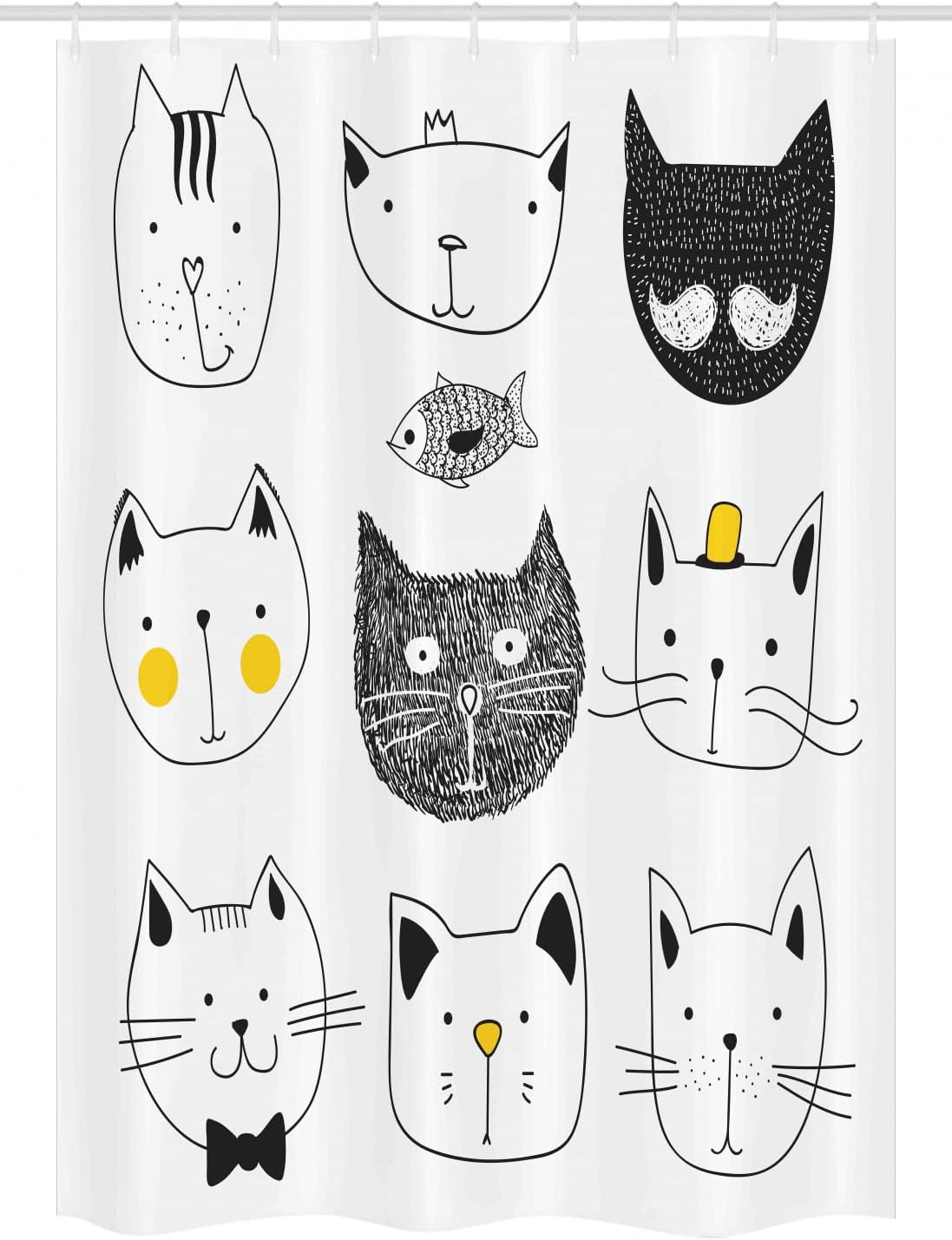 Ambesonne Cat Stall Shower Curtain, Cats with Moustache Bow Tie Hat Crown Fluffy and Fish Humor Faces Graphic, Fabric Bathroom Decor Set with Hooks, 54" W x 78" L, Yellow Grey
