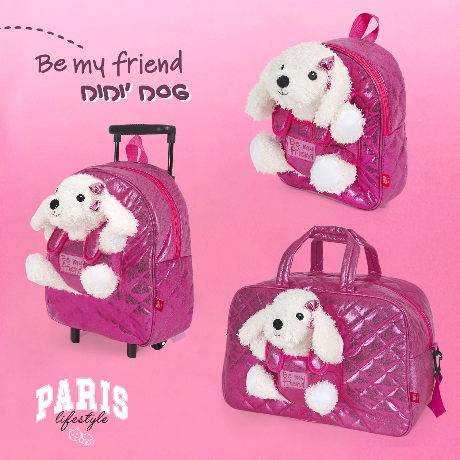 PERLETTI Bolsa de Viaje Deporte Niña con Caniche Peluche - Bolso Niñas Guardería con Perro Peluche Extraíble Rosa - Duffle Bag Regalo Niña 3 4 5 6 Años con Bandolera - 27x41,5x21cm (Bolsa de Viaje)