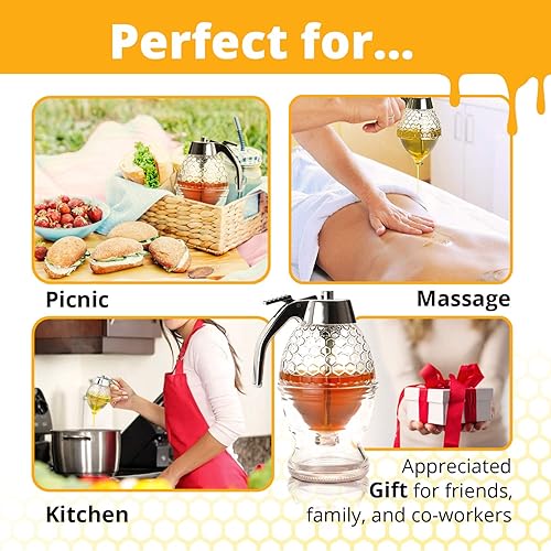 Vista 9 de Honey Dispenser – No Drip Glass with Stand – Honey Jar – Clear Glass Honey Container with Dipper 8 Oz – Maple Syrup Dispenser – Honey Pot with Stand