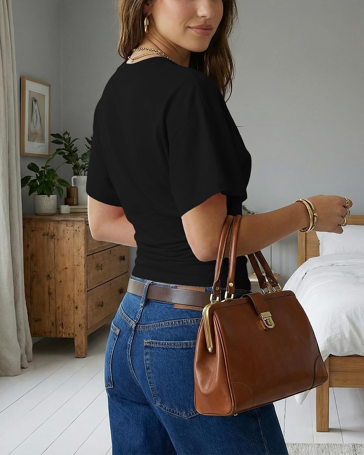 Cioatin Women Short Sleeve Ruched Cinched Waist Crop Tee Tops Y2K Vintage Clean Fit Round Neck Tshirt Casual Going Out Summer - Image 4