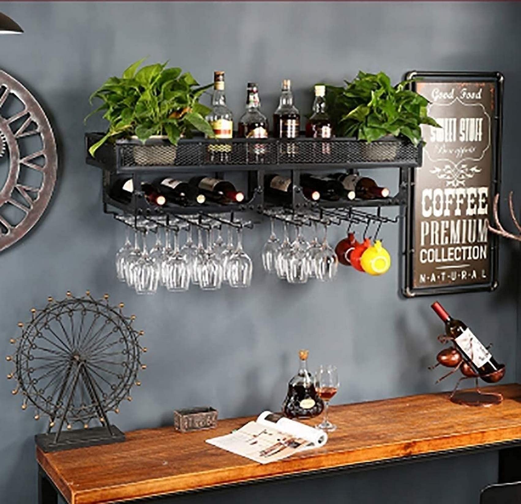 Porte-verres suspendu en métal noir style vintage pour cave haut de gamme