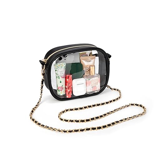 Bagentle Clear Bag for Stadium Events - Leather Clear Crossbody Purse for Women, Concert Approved Bag with Gold Replaceable Shoulder Straps, Black