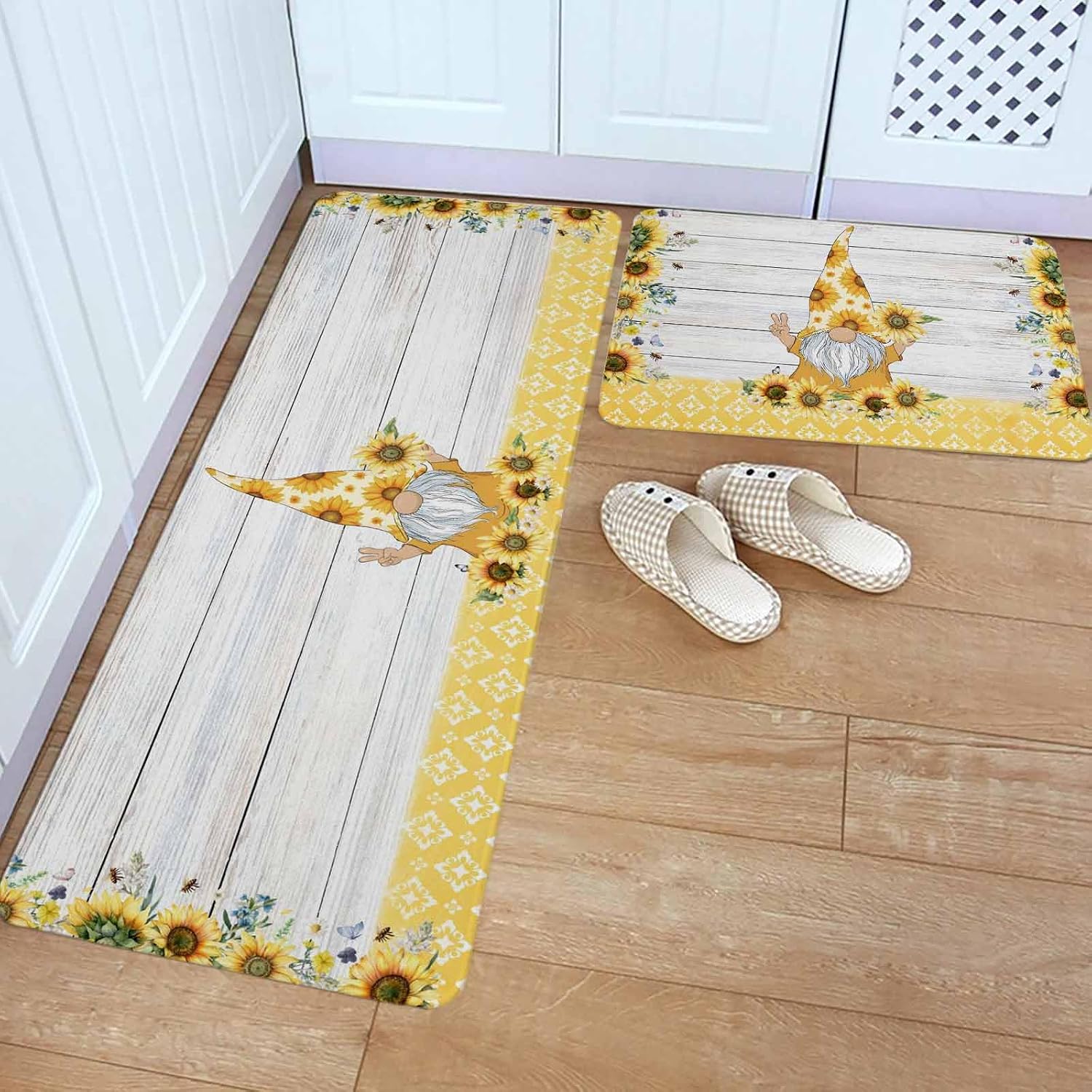 Sunflower Kitchen Rugs and Mats Set of 2, Non-Slip Kitchen Sink Mat, Gnomes Farmhouse Summer Botanical Wooden Washable Doormat Bathroom Rugs Runner for Bedroom/Living Room 19.7"x31.5"+19.7"x63"