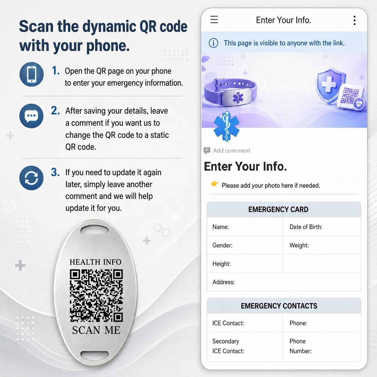 Armband mit QR-Code – Graviertes medizinisches ID-Band – Verstellbares, handgefertigtes Seilarmband für Diabetes, Herzerkrankungen, Allergien – YA5657