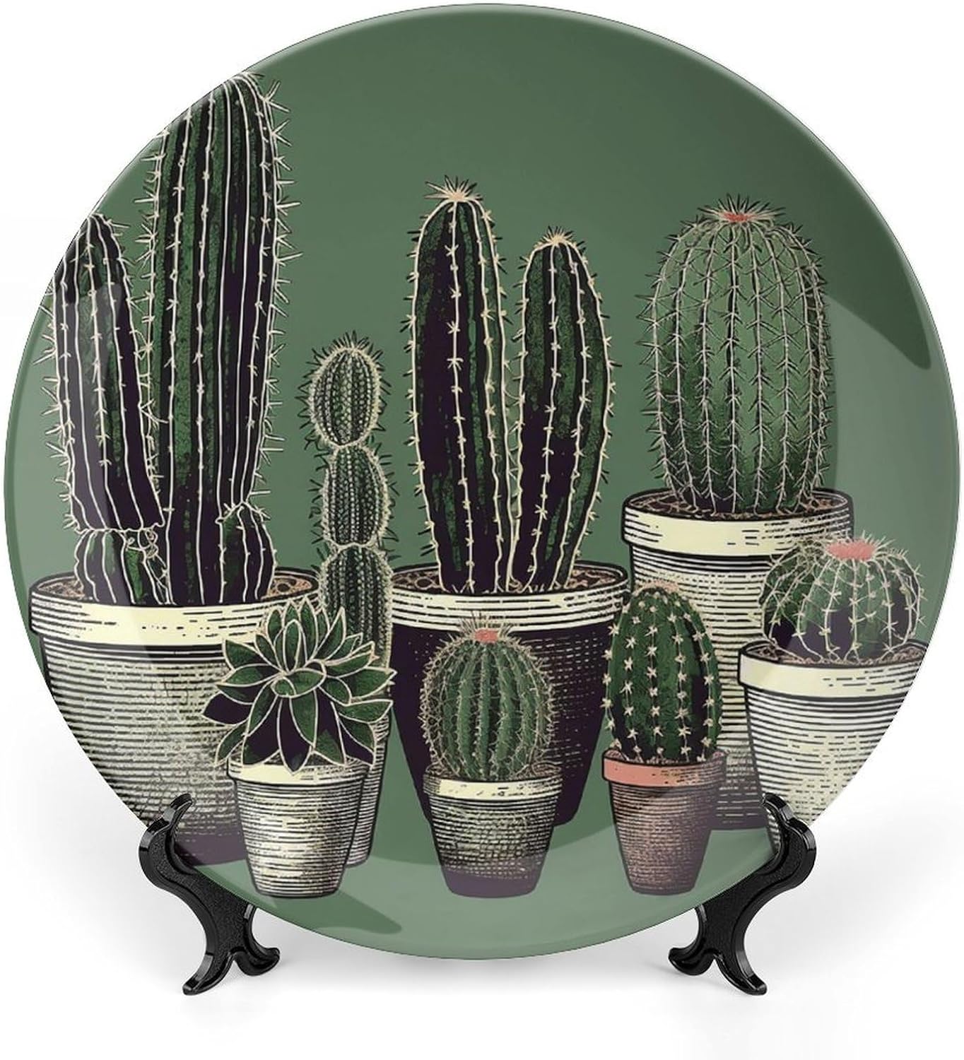 Bone China Decorative Plates Green Cactus Ceramic Decorative Plate Wall Decor with Display Stand Ceramic Ornaments for Wall Hanging Decoration