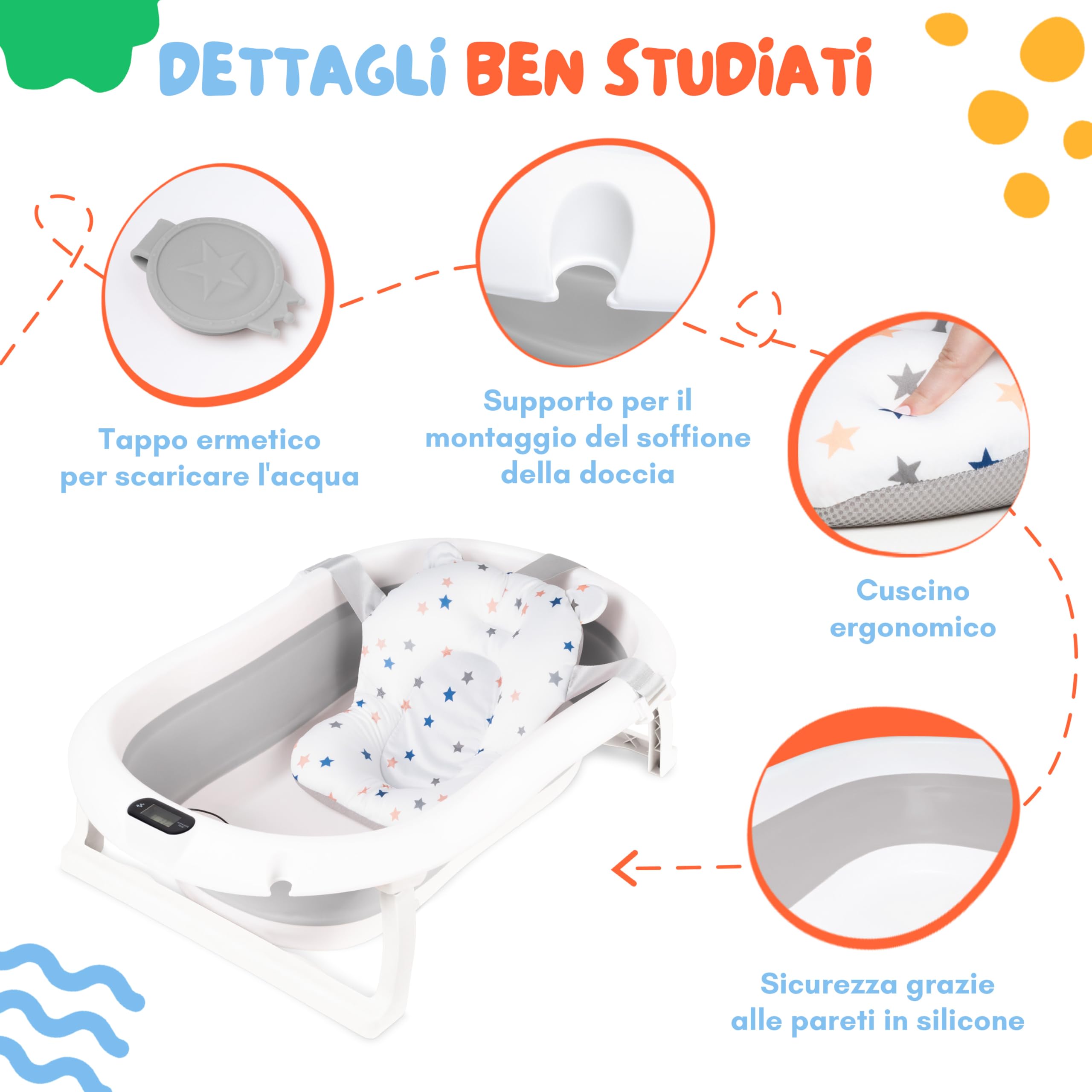 Vasca Neonato Bagnetto Fino a 3kg - Pieghevole Vasca da Bagno Bambini Fino a 3 anni - con un Comodo Cuscino Stabilizzante - Bagno Piacevole Senza Problemi