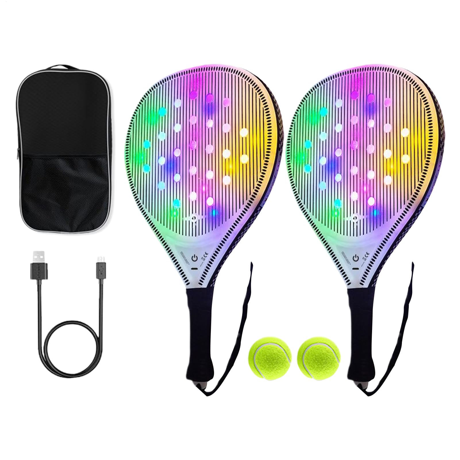 初心者向けテニスラケット, 光るUSBビーチパドルゲームセット, 大人とジュニア用 トレーニング用 テニスパドルとボール2個付き オールシーズン対応 屋外スポーツ トラベル