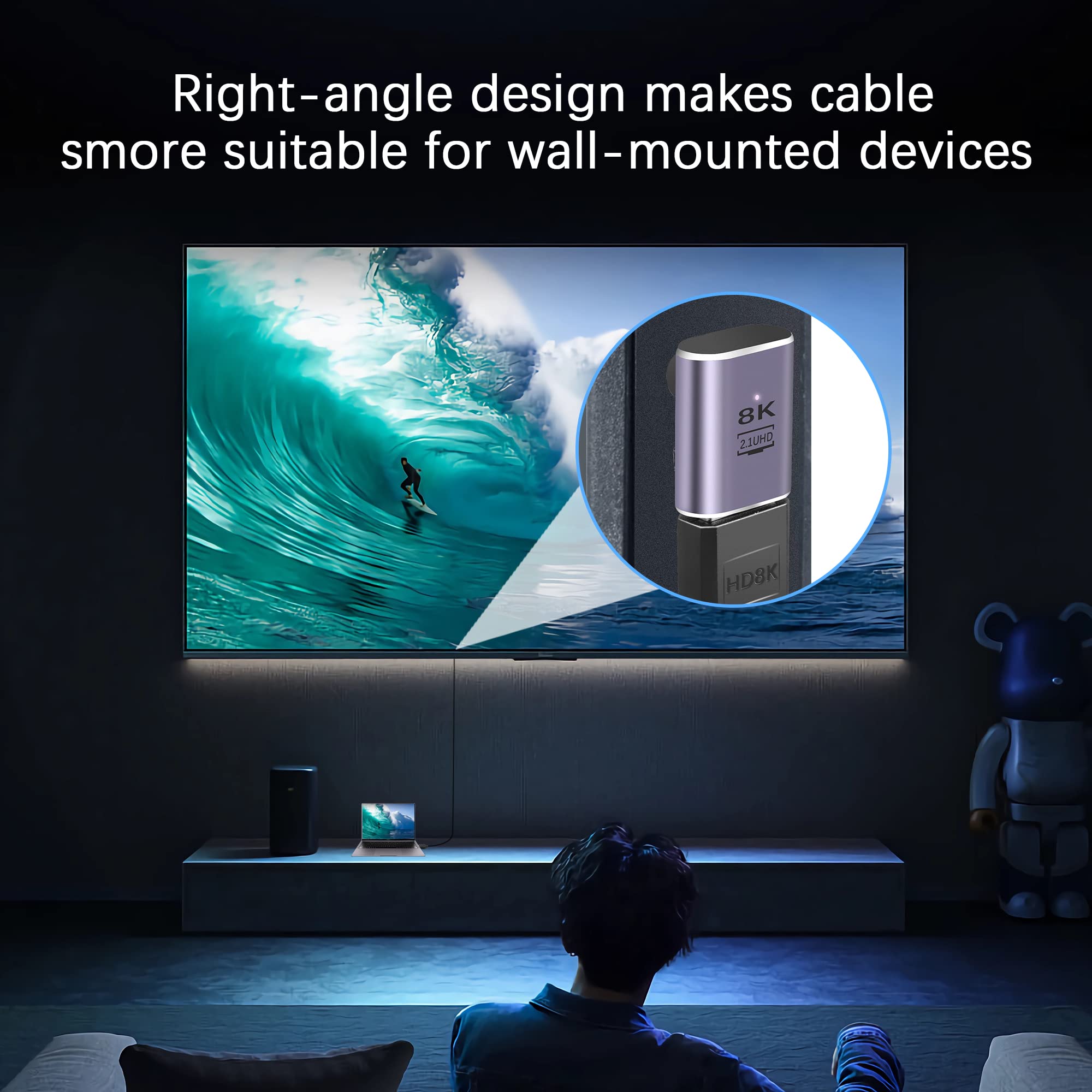 Duttek 8K HDMI hoekstekker 90 graden (2 stuks), up & down HDMI-haakse stekker naar busadapter 48 Gbps met led-werkindicator voor HDTV, projector, laptop