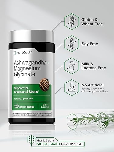 Miniatura 5 de Horbäach Ashwagandha y glicinato de magnesio  120 cápsulas veganas  Suplemento de apoyo para el estrés  Sin OMG, sin gluten