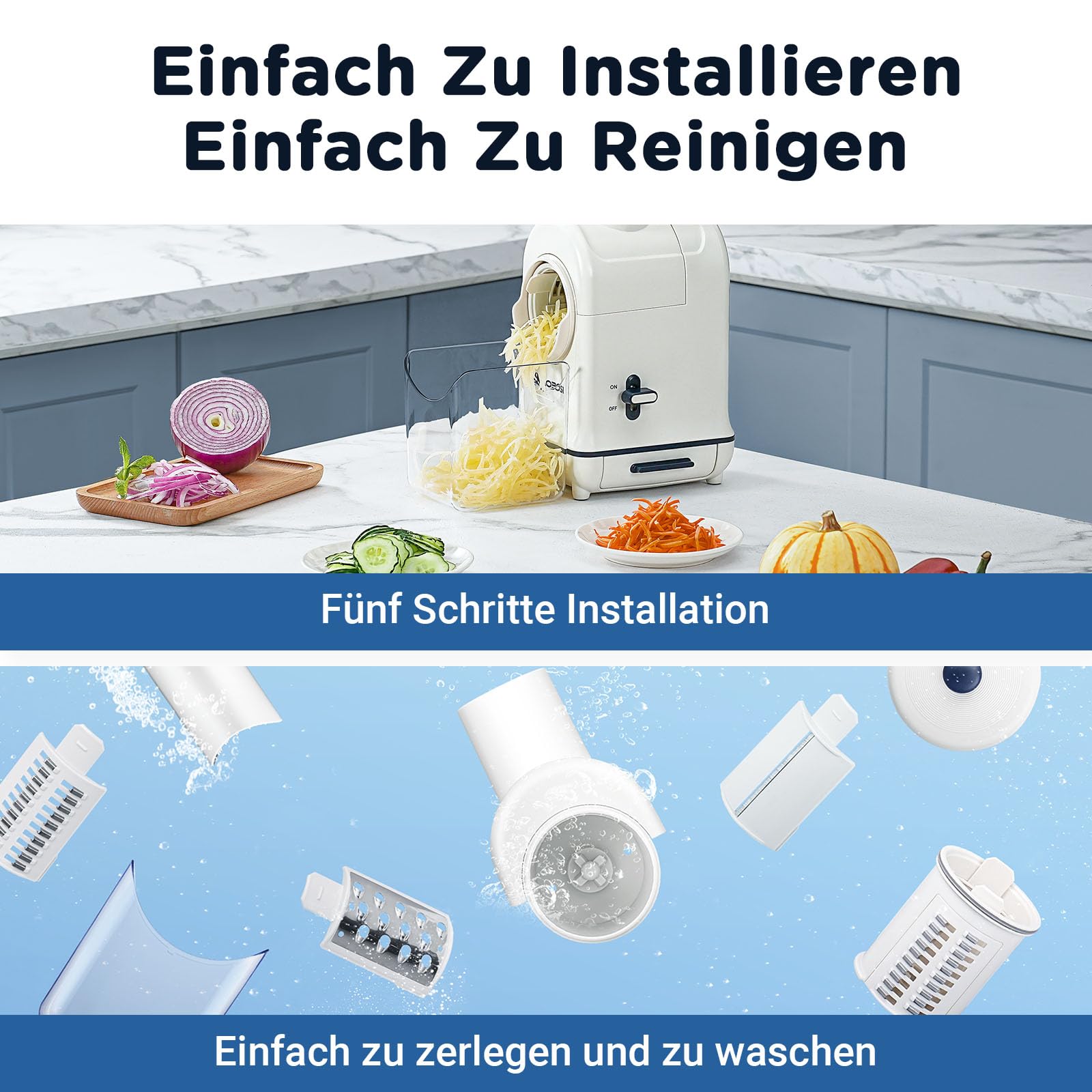 Gemüseschneider Elektrisch, AAOBOSI Elektrischer Gemüseschneider mit Aufbewahrungsbox, großem Einfüllschacht zum ganzer Karotten, Kartoffeln, 3 Einsätze und leisem Motor-Upgrade