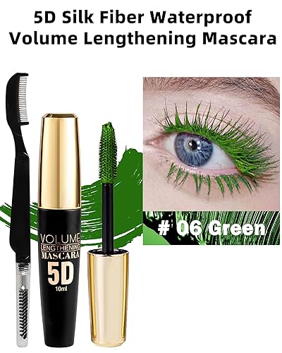 Miniatura 2 de Rímel impermeable verde para pestañas, extensiones de pestañas líquidas de fibra de seda 5D, rímel de tubos de colores con cepillo de pestañas,