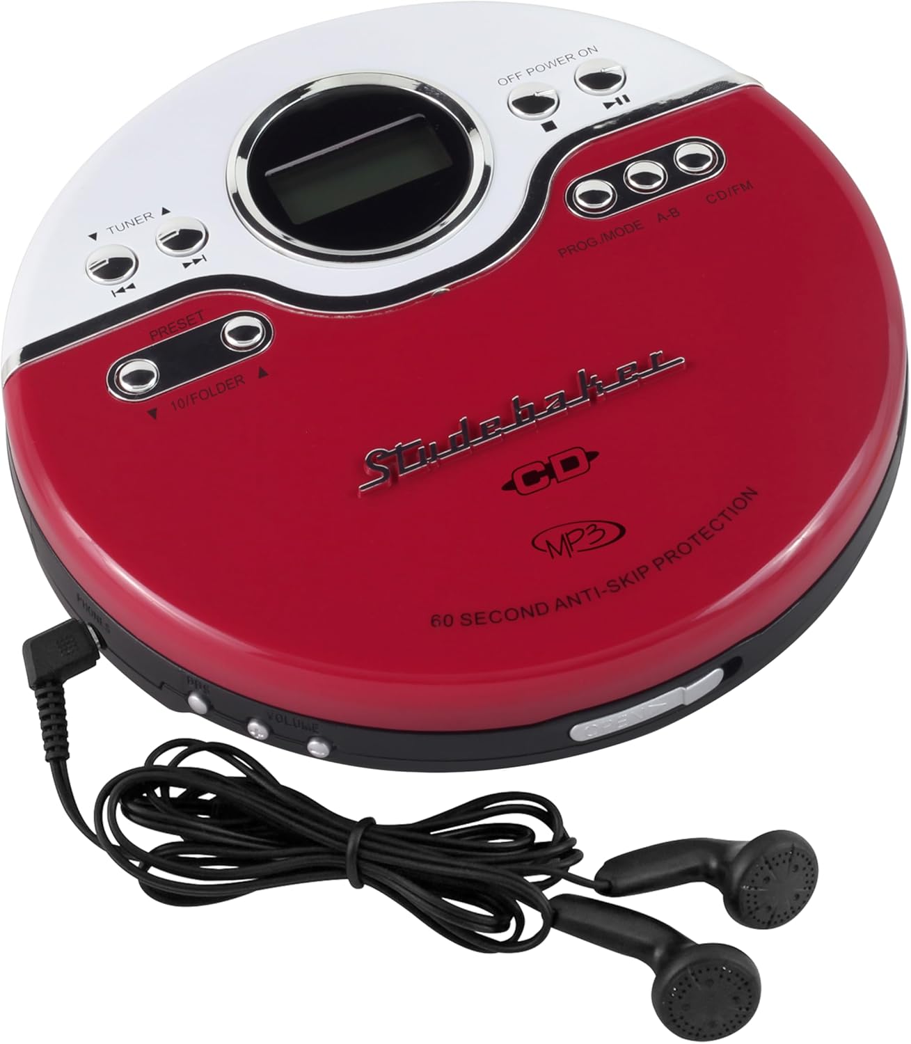 Studebaker SB3703RB Joggable Personal CD/MP3 Player with Audio Book Compatibility, Bookmark Feature and FM PLL Radio - Red/Black