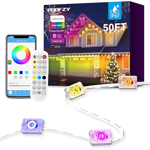 POOFZY Permanent Outdoor Lights for House, 50ft RGB+IC Smart Outdoor Decor, 50 Scene Modes, App/Remote Control, IP68 Waterproof, for Christmas, Holiday, Daily & Pool Party Decor, House Roof Lighting