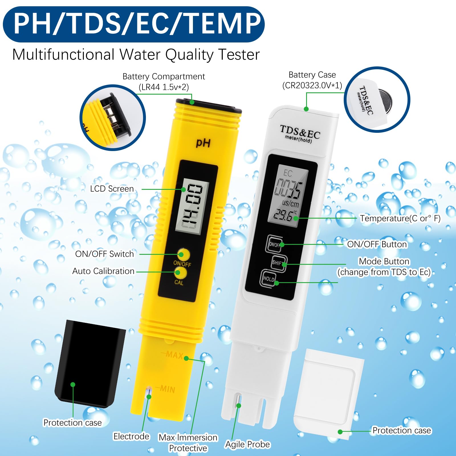 Testeur d'eau, 6 en 1 PH EC TDS ORP CL Temp Stylo Testeur d'eau Testeur d'eau, 6 en 1 PH EC TDS ORP CL Temp Stylo Testeur d'eau