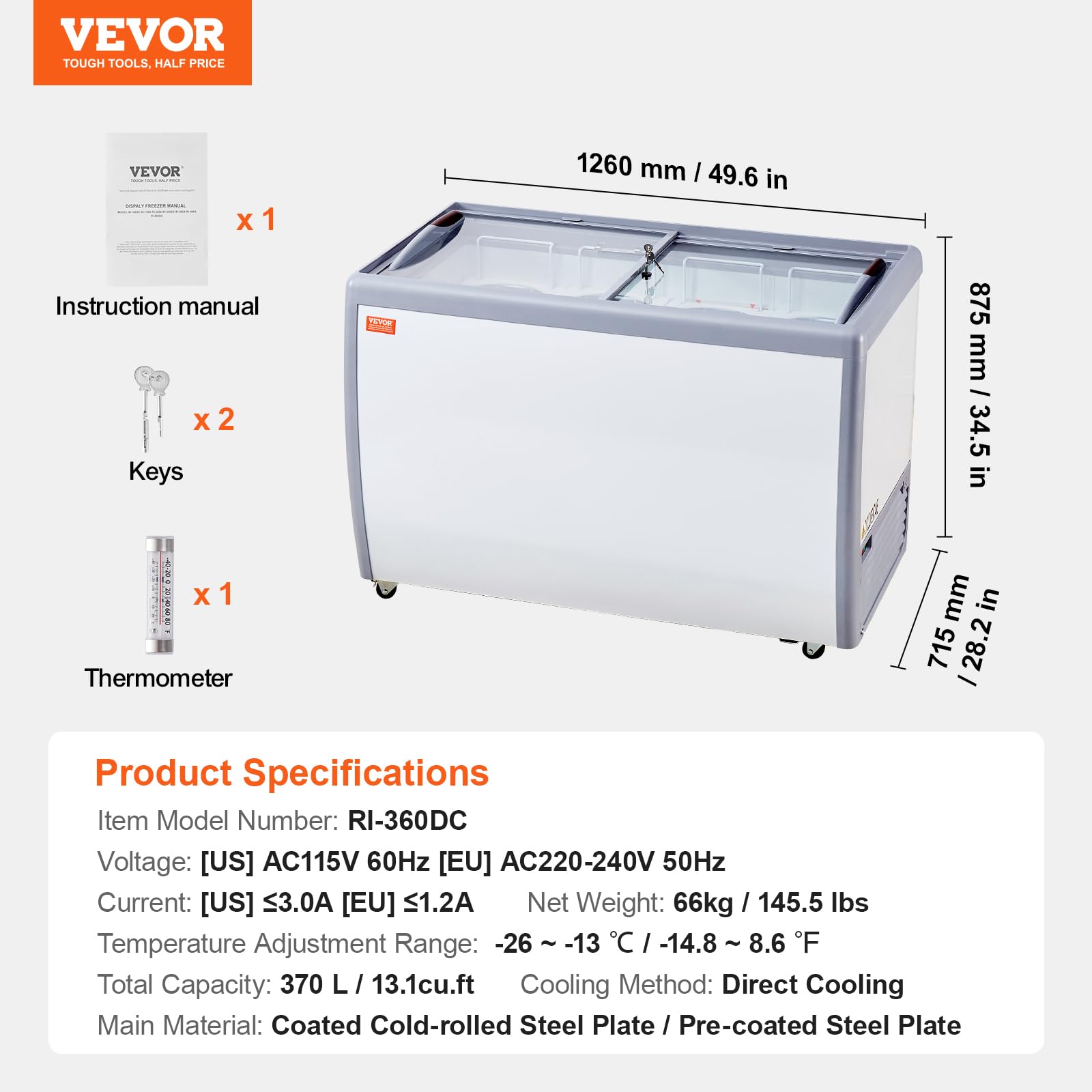 VEVOR Vitrina Comercial para Helado, Congelador Horizontal de 370 L, Móvil con Tapa de Vidrio, con 8 Tinas Grandes, 2 Puertas Corredizas de Vidrio, Ruedas con Bloqueo, Blanco, 1260 x 715 x 875 mm